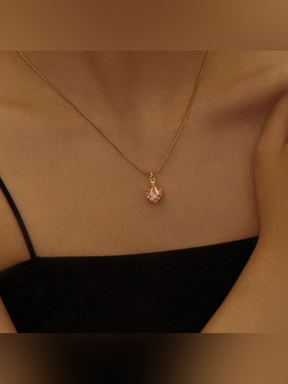 Gold Plated Stainless Steel Heart Pendant Necklace Pink Cubic Zirconia Dainty